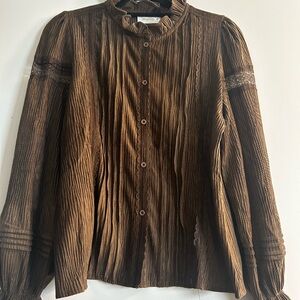 Brown Lace-Trimmed Women's Blouse